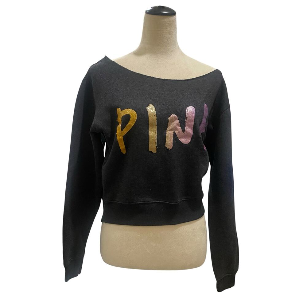 Victoria's Secret PINK Off Shoulder Cropped Sweatshirt Foil Logo Gray Size M